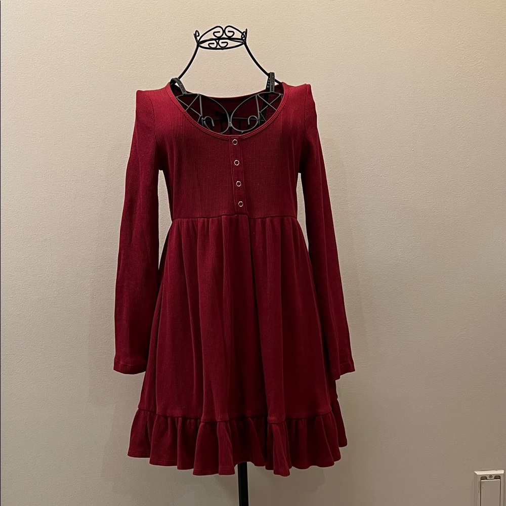 Wild Fable Women's Long Sleeve Waffle Knit Babydoll Dress in red.